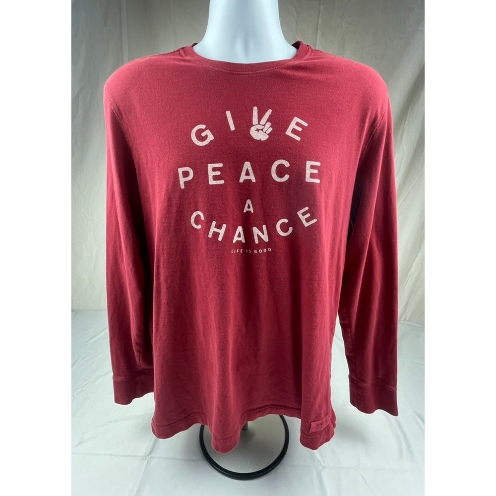 LIFE IS GOOD GIVE PEACE A CHANCE LONG SLEEVE CRUSHER TEE WOMENS MED.  RED COTTON